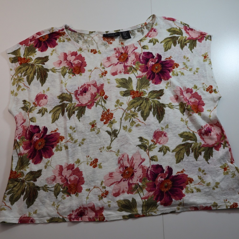 Tahari Linen Floral Top Womens XL White Pink Cap Sleeve Boxy Crew Neck